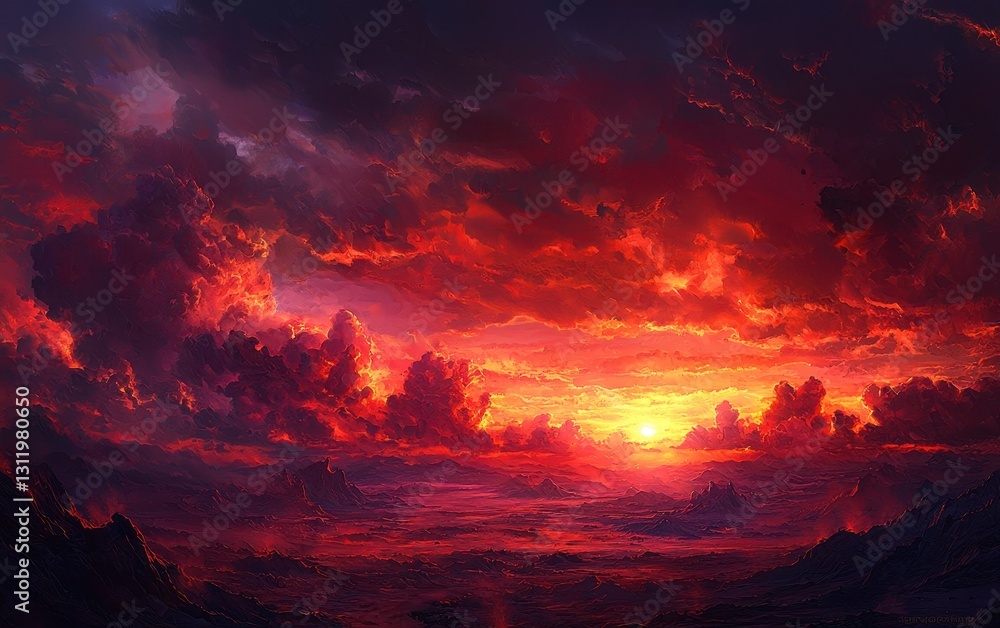 Fototapeta premium A fiery sunset over a barren landscape, with dramatic clouds and deep red, orange, and purple tones filling the sky