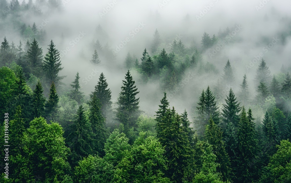 A foggy forest with the soft, diffused light creating a mystical atmosphere among the trees A foggy forest with the soft, diffused light creating a mystical atmosphere among the trees