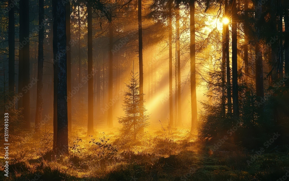 A forest clearing at dusk, with golden sunlight shining through the trees and mist rising from the ground A forest clearing at dusk, with golden sunlight shining through the trees and mist rising from the ground