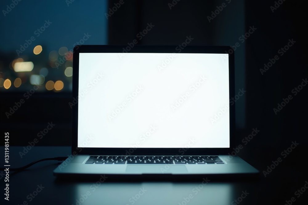 Laptop on desk at night with blank screen Laptop on desk at night with blank screen