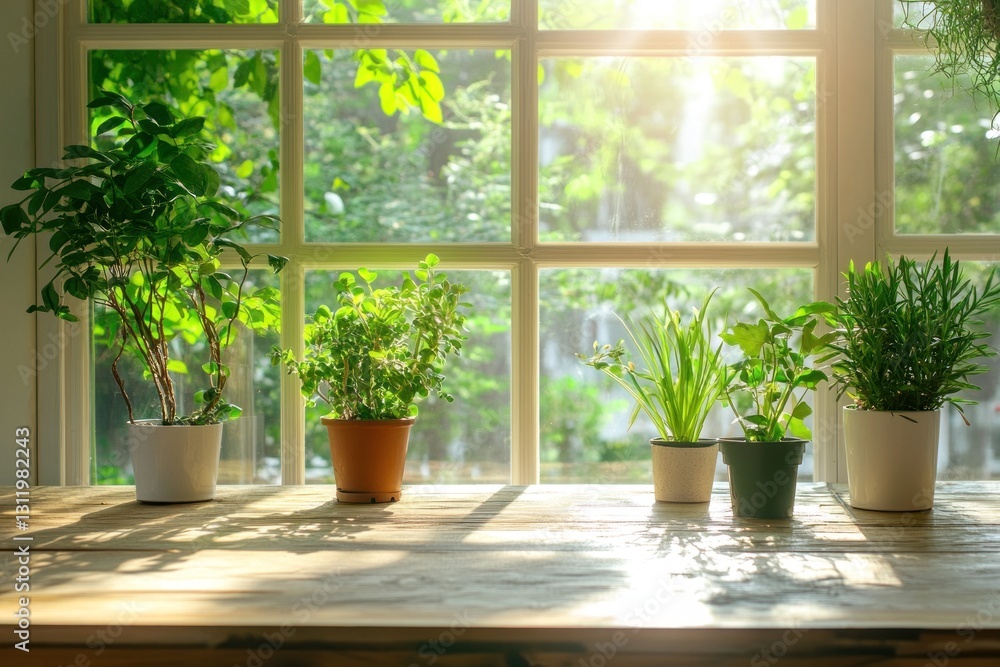 Sunlit windowsill with potted plants. Sunlit windowsill with potted plants.