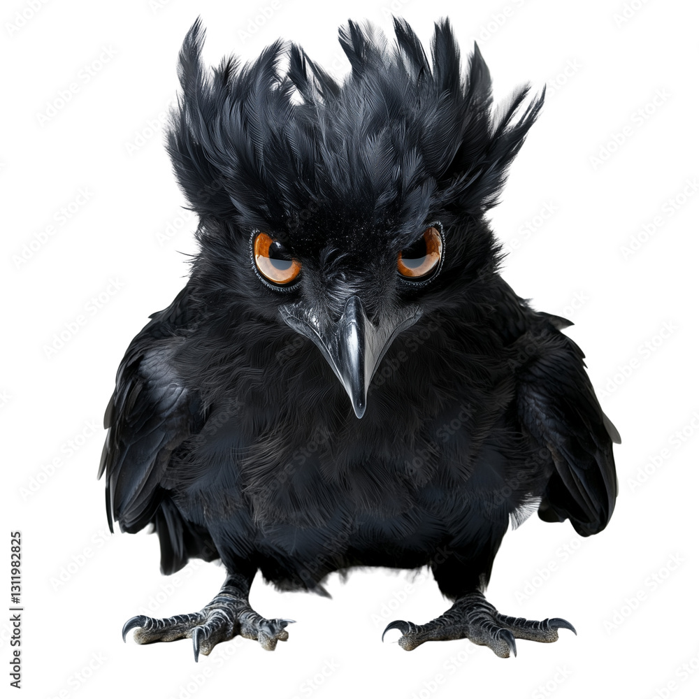 Fototapeta premium A striking black bird with glossy feathers, long hair, and a big, prominent beak on transparent png background. Ai generated
