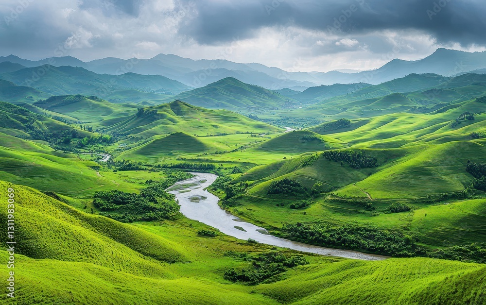 A panoramic view of a lush green valley with rolling hills and a winding river running through it A panoramic view of a lush green valley with rolling hills and a winding river running through it