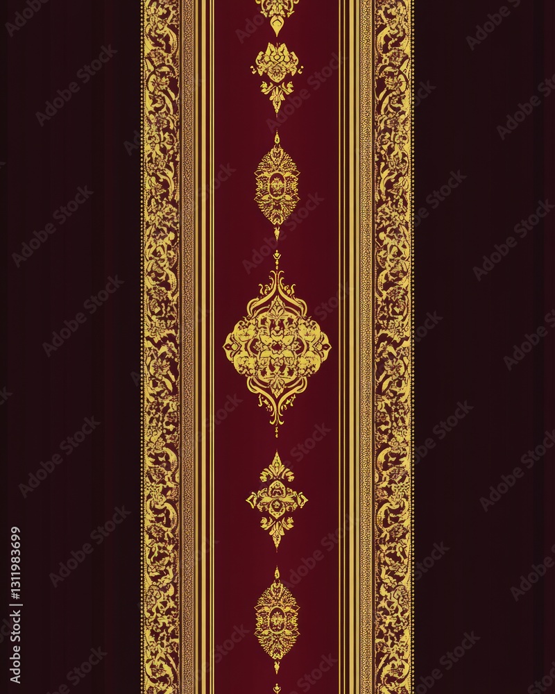 Detailed Red And Gold Ornamental Book Spine Pattern With Repeating Golden Filigree Against Dark Textured Background Detailed Red And Gold Ornamental Book Spine Pattern With Repeating Golden Filigree Against Dark Textured Background