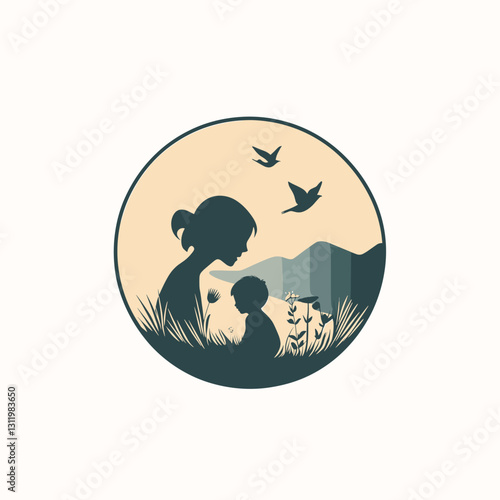 a logo that shows therapeutic goals in nature with a child, abstract, minimal, round, closer, less details, more iconart,