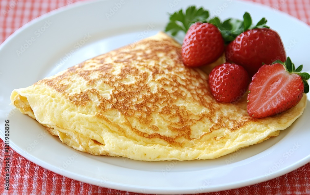 A delicious omelette served with fresh strawberries on a white plate, set against a red checkered tablecloth. A delicious omelette served with fresh strawberries on a white plate, set against a red checkered tablecloth.