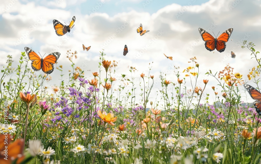 A peaceful meadow filled with butterflies and bees buzzing around wildflowers A peaceful meadow filled with butterflies and bees buzzing around wildflowers