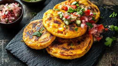 Wallpaper Mural Handmade corn pupusa stuffed with refried beans and gooey cheese, elegantly arranged on a textured slate surface with a vibrant curtido garnish Torontodigital.ca