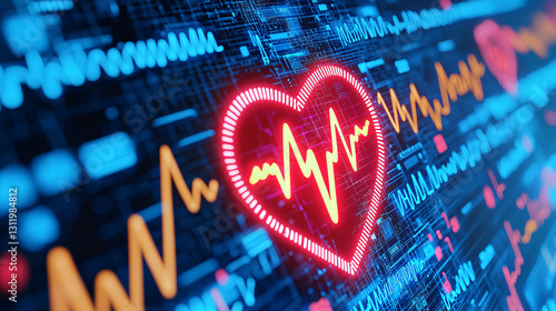 heart disease stroke prevention. Digital heart rate monitor with vibrant heartbeat visualization.