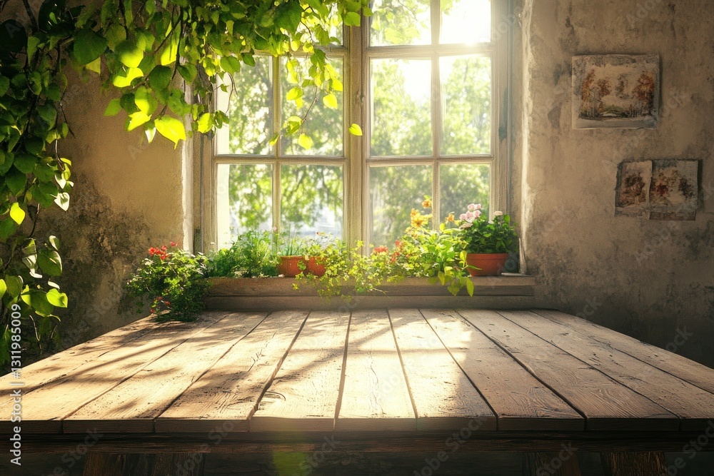 Sunlit wooden table by rustic window with plants. Sunlit wooden table by rustic window with plants.