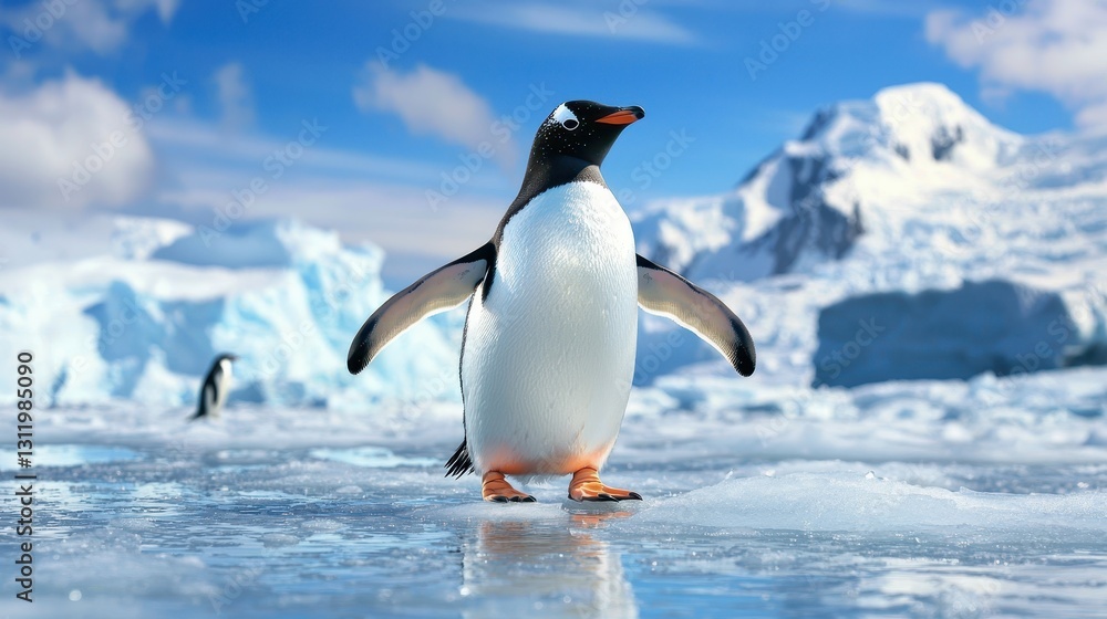 Fototapeta premium A penguin waddling across the ice in Antarctica, with a vast, icy landscape behind it