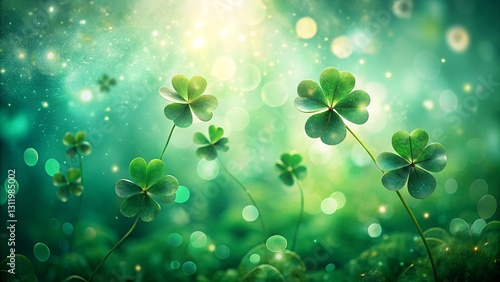 Mystical four-leaf clovers floating in a dreamy environment.