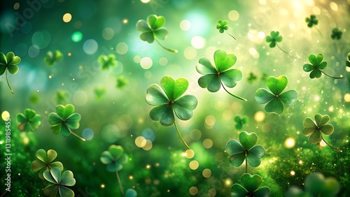 Magical floating shamrocks with soft green bokeh background.