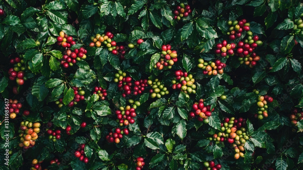 Fototapeta premium Lush coffee plant adorned with ripening berries showing rich color