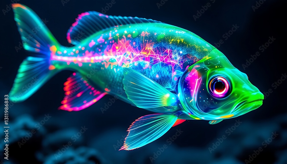 Colorful Neon Fish Swimming with Digital Art Style and Glowing Design