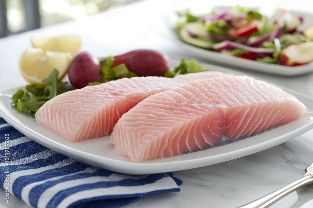 Salmon on Plate: Two fresh salmon fillets are artfully presented on a plate alongside fresh salad, lemons, and grapes, creating a visually appealing and appetizing scene. Salmon on Plate: Two fresh salmon fillets are artfully presented on a plate alongside fresh salad, lemons, and grapes, creating a visually appealing and appetizing scene.