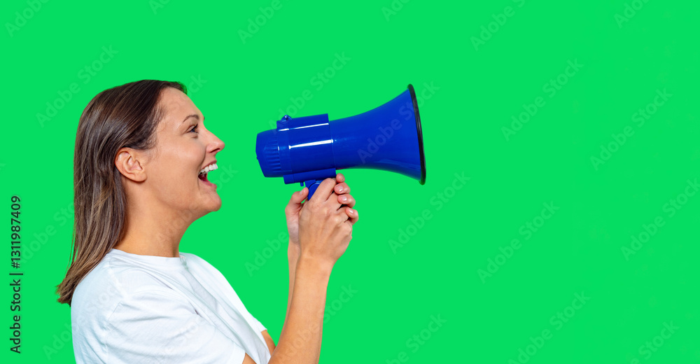 Woman uses blue megaphone to communicate joyfully against bright green background during an outdoor event or gathering at midday Woman uses blue megaphone to communicate joyfully against bright green background during an outdoor event or gathering at midday