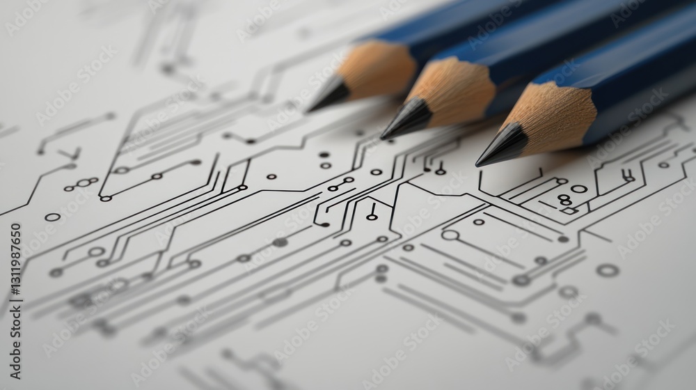 Blue pencils on circuit board, concept of innovation, close-up shot Blue pencils on circuit board, concept of innovation, close-up shot