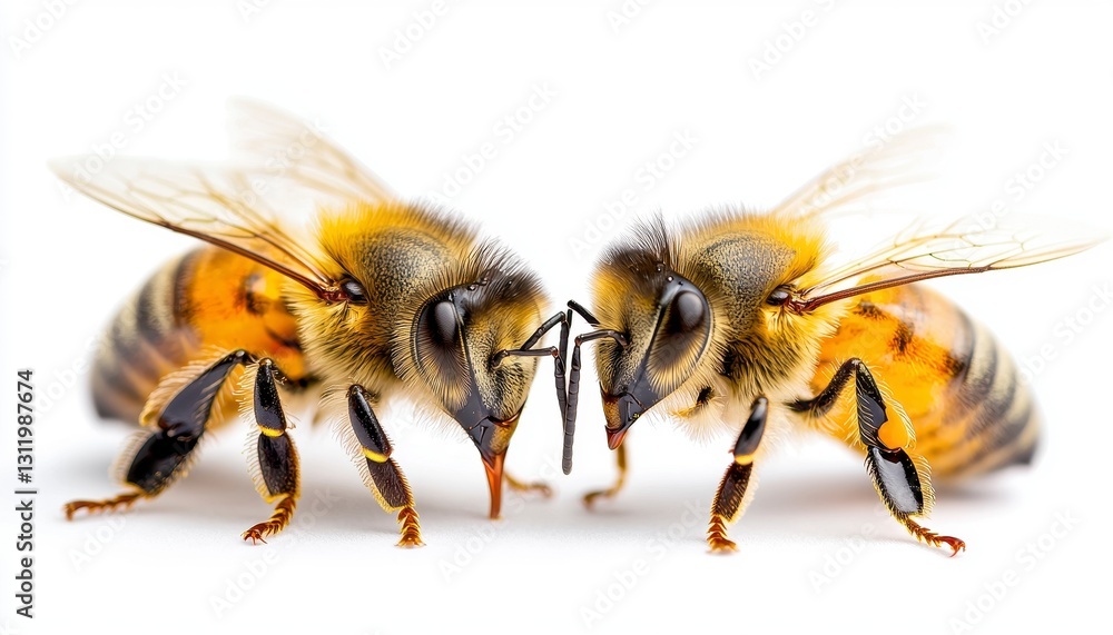 Detailed close-up capturing the intricate beauty of two honeybees facing each other, showcasing their delicate wings, fuzzy bodies, and multifaceted eyes, perfect for educational or nature-themed Detailed close-up capturing the intricate beauty of two honeybees facing each other, showcasing their delicate wings, fuzzy bodies, and multifaceted eyes, perfect for educational or nature-themed