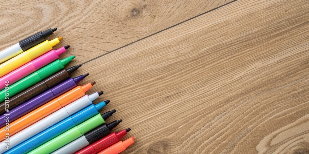 High-Angle View of Dry Erase Markers on Wooden Texture Flat Lay - Low Light Photography, Organic Aesthetic for Creative Copy Space Design High-Angle View of Dry Erase Markers on Wooden Texture Flat Lay - Low Light Photography, Organic Aesthetic for Creative Copy Space Design