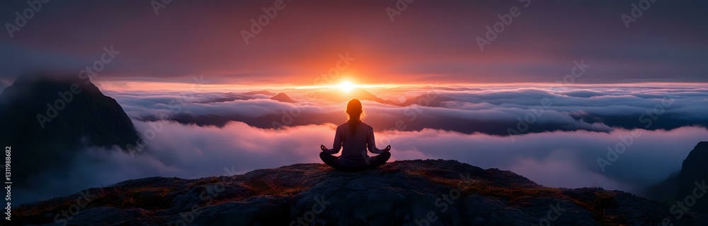 Silhouette of person meditating on mountain peak above clouds during dramatic sunrise, panoramic view showing tranquil mindfulness moment in nature. Silhouette of person meditating on mountain peak above clouds during dramatic sunrise, panoramic view showing tranquil mindfulness moment in nature.