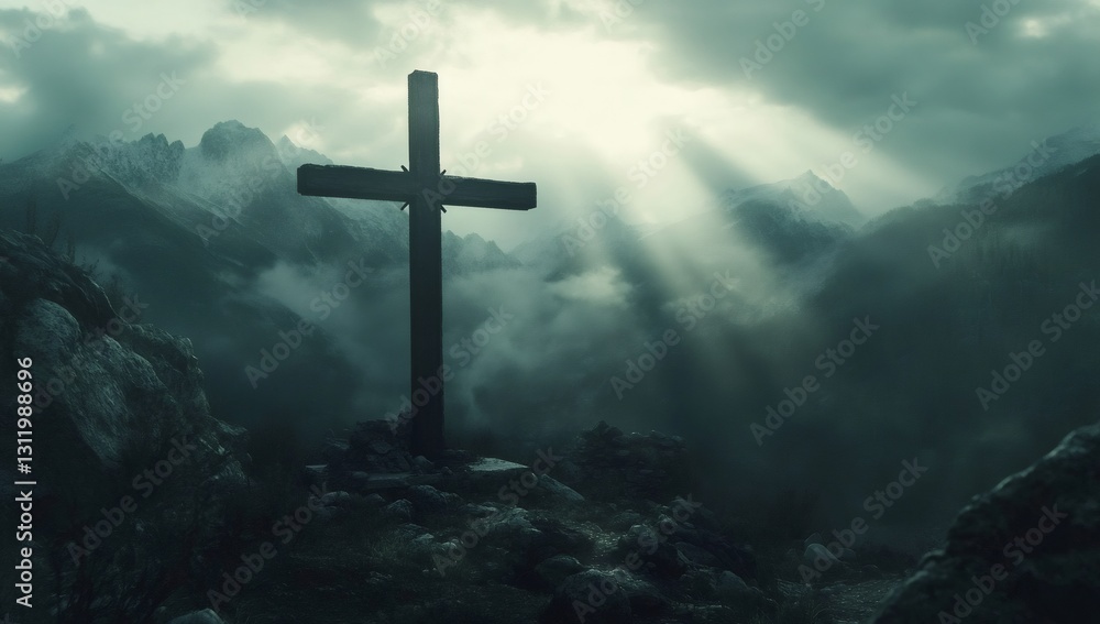 Fototapeta premium The Cross of Faith: A silhouette of a weathered wooden cross stands tall atop a rugged mountain peak, bathed in dramatic rays of light breaking through the misty, overcast sky.
