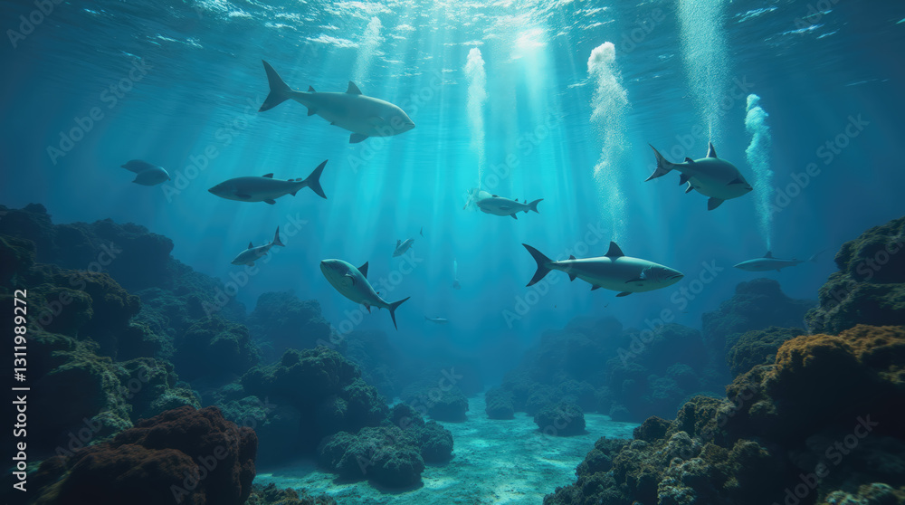 Fototapeta premium A group of sharks glides through crystal clear waters, illuminated by rays of sunlight filtering down from above. Coral formations and bubbles add to the serene marine environment