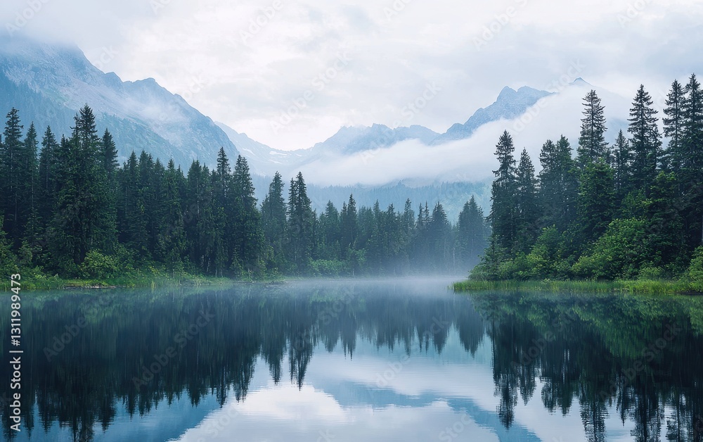 A peaceful lake surrounded by tall pine trees and misty mountains in the distance A peaceful lake surrounded by tall pine trees and misty mountains in the distance