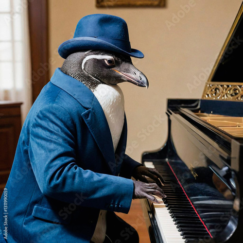 Penguin playing a brown piano, wearing a master's hat, with exquisite features and great clothing design, blue, pensive, there are candles on the piano