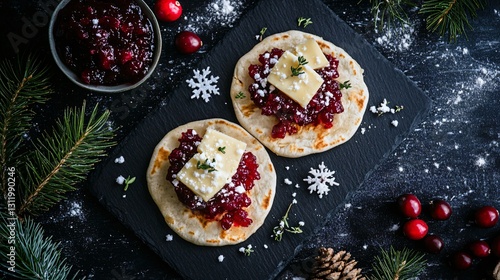 Winter pupusa with cranberry compote and brie cheese, elegantly presented on a dark slate with a snowy white garnish