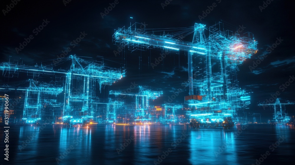 Fototapeta premium A futuristic port with glowing digital cranes and self-loading cargo.