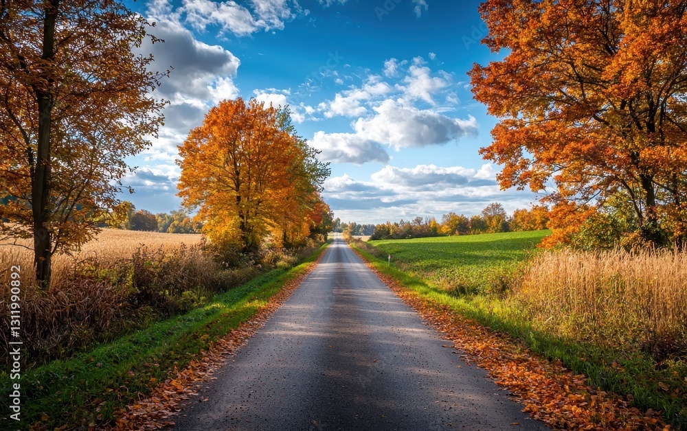 A quiet rural road with vibrant autumn foliage lining the way, under a blue sky filled with soft clouds A quiet rural road with vibrant autumn foliage lining the way, under a blue sky filled with soft clouds