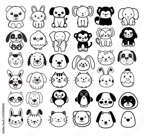 Animal Doodle Set Bunny Dog Cat Chicken Elephant Monkey Penguin Clipart Silhouette