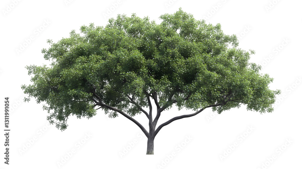 Lush green tree with a broad canopy standing alone against a white background, symbolizing nature Lush green tree with a broad canopy standing alone against a white background, symbolizing nature