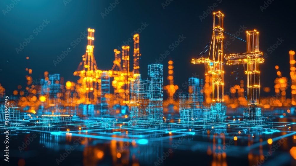 A futuristic port with glowing digital cranes and self-loading cargo. A futuristic port with glowing digital cranes and self-loading cargo.