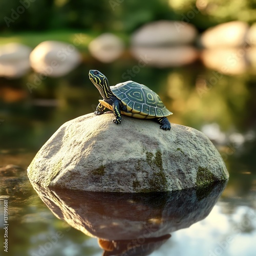 A small domestic turtle resting on a smooth rock near a shallow pond.