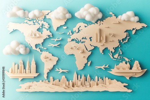 Explore a creative paper art world map showcasing famous landmarks, travel themes, and dynamic elements like planes, ships, and clouds photo