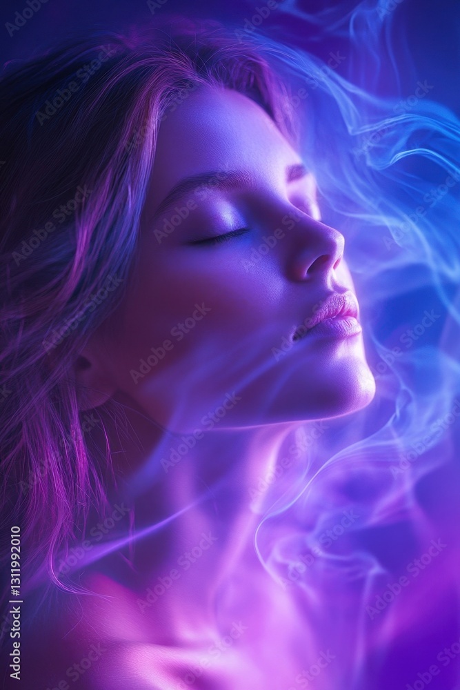 Mindful Serenity Abstract Wellness Portrait Young Woman Meditating in Ethereal Purple and Blue Energy Healing Light Mental Health Awareness Concept Mindful Serenity Abstract Wellness Portrait Young Woman Meditating in Ethereal Purple and Blue Energy Healing Light Mental Health Awareness Concept