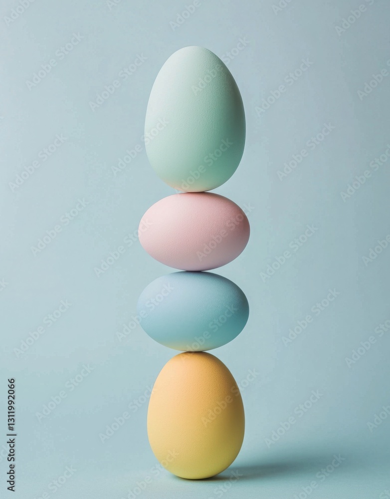 Fototapeta premium Easter eggs, banners, greeting cards and posters are stacked and arranged harmoniously with the light blue background, fresh and bright, conveying a joyful and peaceful holiday atmosphere.