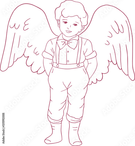 Cute Cupid Boy Character with wings behind his. Vector whimsical outlie flat illustration photo