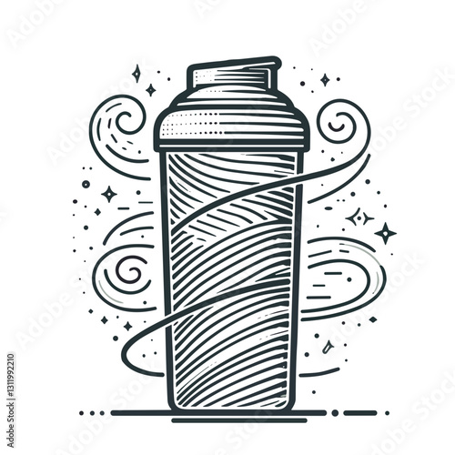 Dynamic shake bottle designed for smoothies and protein shakes with a swirling graphic vibe