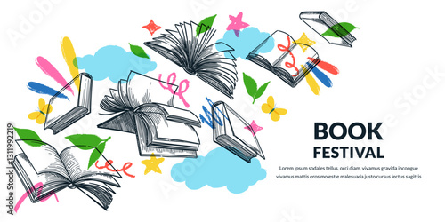 Book festival banner poster design. Vector hand drawn sketch illustration. Flying books clouds leaves education concept