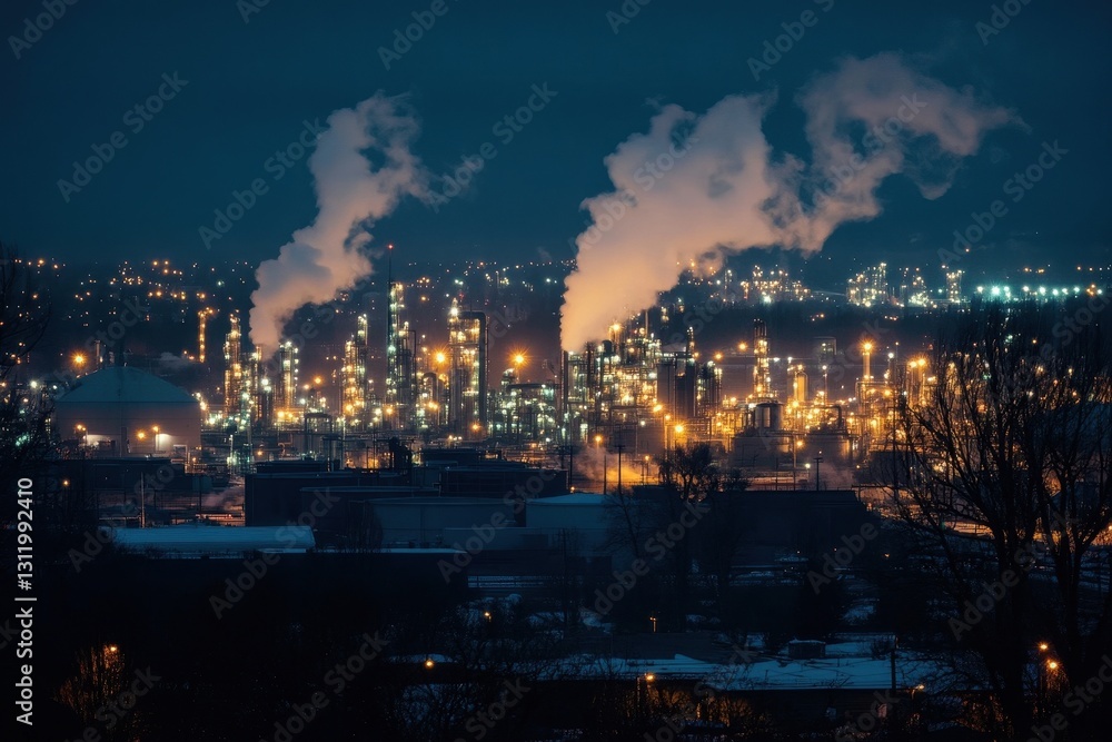 Fototapeta premium Modern Industrial Refinery Complex at Night with Dramatic Lighting and Steam Rising Through Complex Network of Steel Pipes and Processing Units