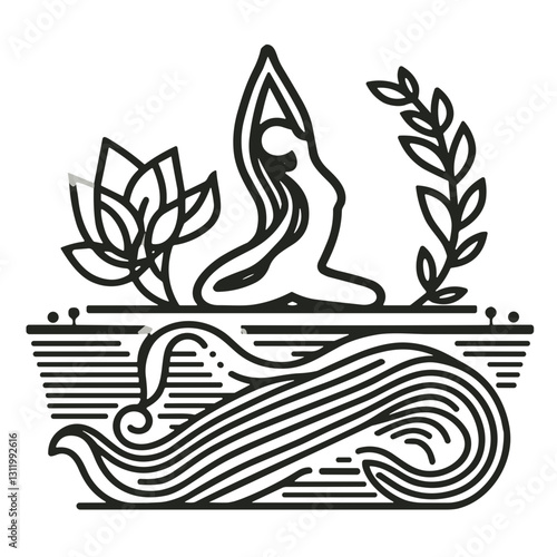 Woman in Vinyasa flow yoga pose reflecting serenity and balance amidst nature and waves