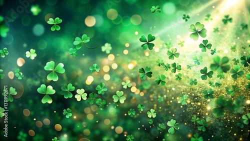 Glowing St. Patrick's Day clover confetti dancing.