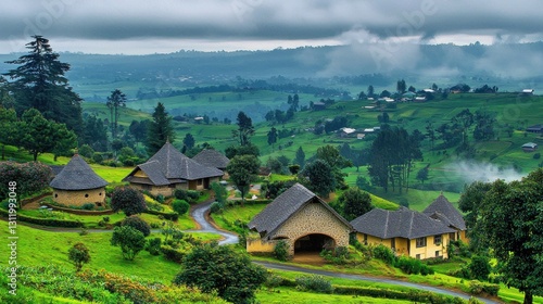 Wallpaper Mural Misty African highlands village, winding roads, lush green landscape Torontodigital.ca