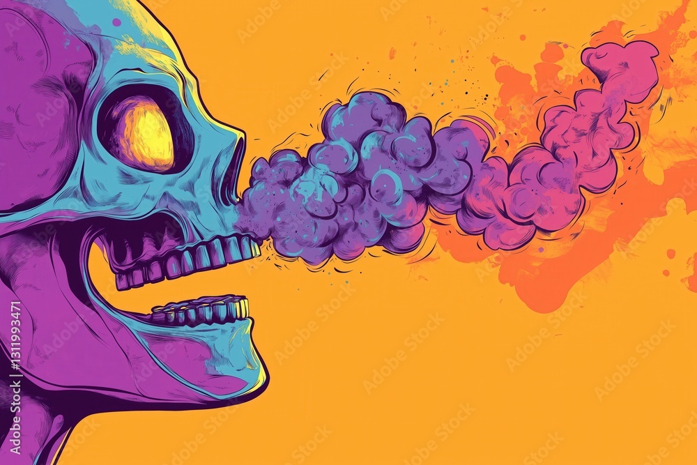 Fototapeta premium Skeleton smoking a cigarette and blowing out smoke.