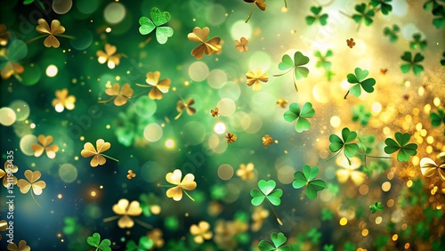 Golden and green clover confetti falling with a dreamy glow.