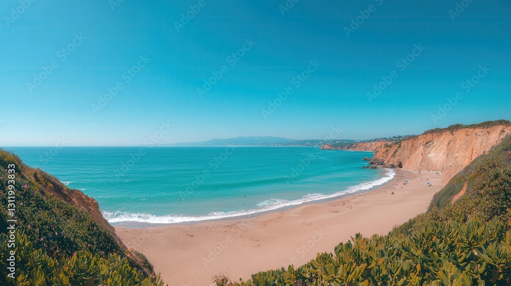 Panoramic view of secluded sandy beach, turquoise ocean, cliffs, and sunny sky. Panoramic view of secluded sandy beach, turquoise ocean, cliffs, and sunny sky.