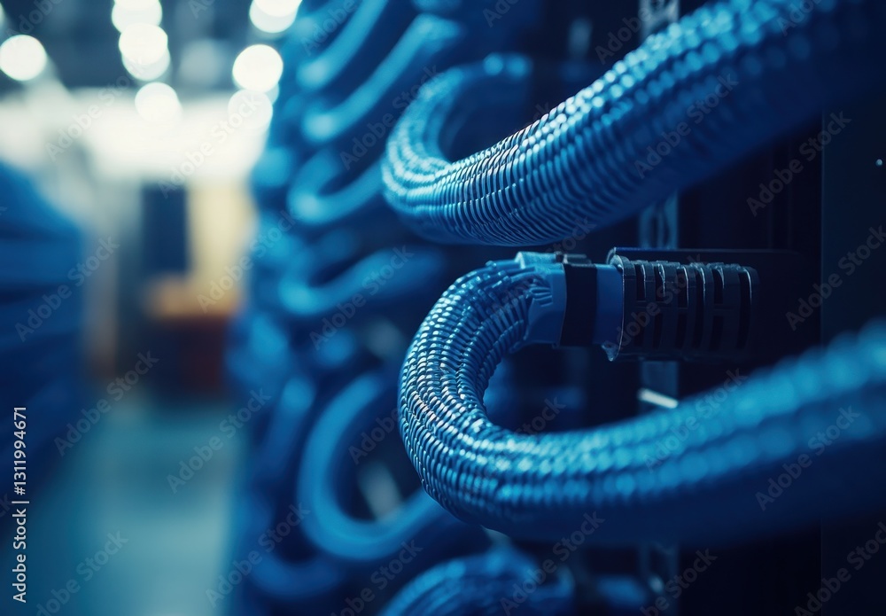 Close-up of Blue Cables in a Network Data Center with Soft Lighting, Showcasing Technology and Connectivity for Digital Infrastructure and Communication Systems Close-up of Blue Cables in a Network Data Center with Soft Lighting, Showcasing Technology and Connectivity for Digital Infrastructure and Communication Systems